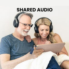 Relay Bluetooth Adapter for Airplanes, pairs with two Bluetooth headphones for shared audio, connects to tablets, or any device with a 3.5mm AUX output.