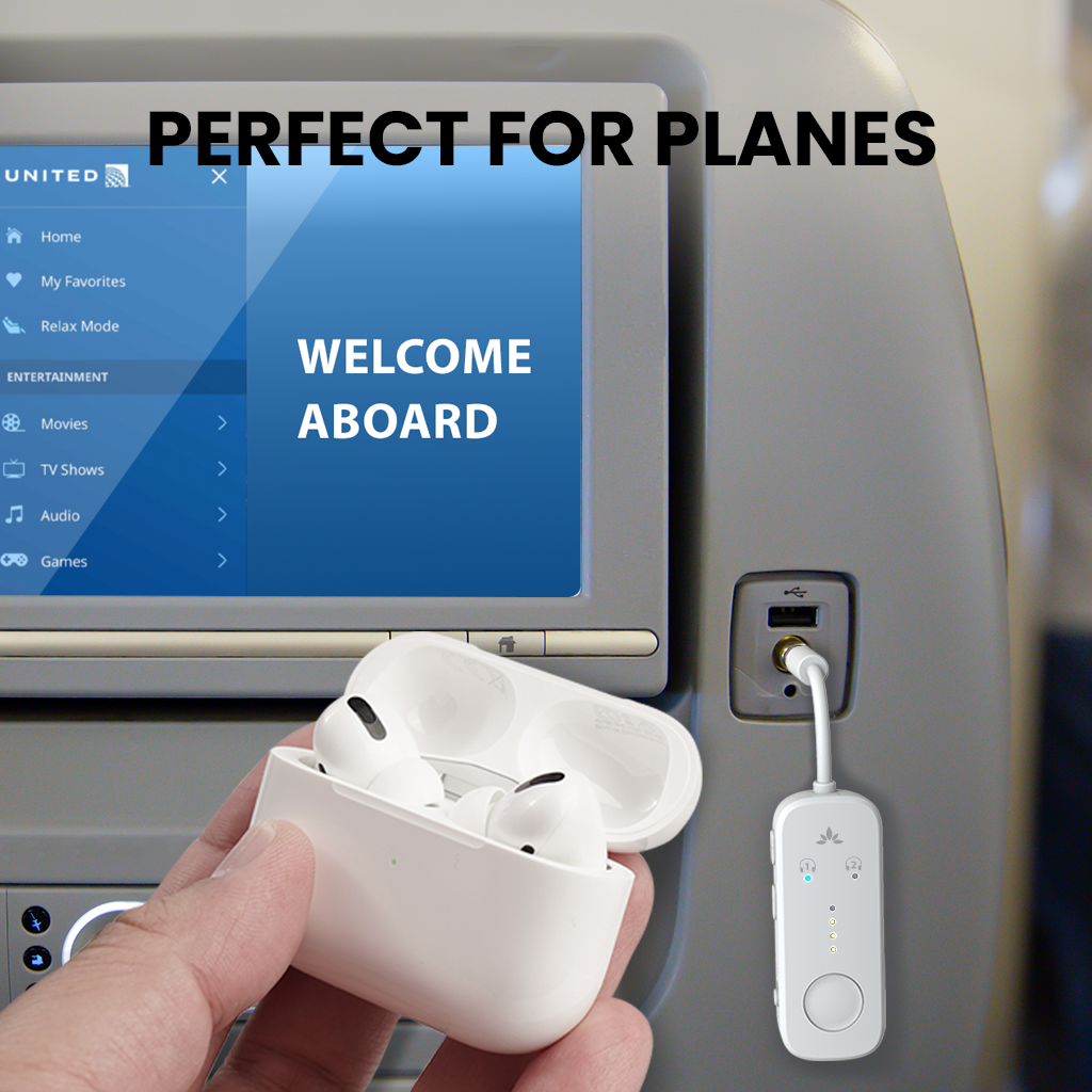 Relay Bluetooth Adapter for Airplanes, connects to airplane seatback screens via 3.5mm AUX and streams audio to Bluetooth headphones.