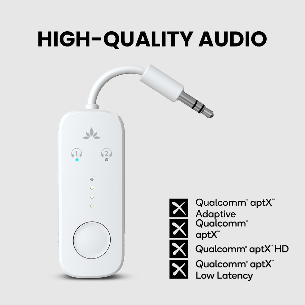 Relay Bluetooth Adapter for Airplanes, High quality audio with aptX Adaptive. LL, and aptX HD for clear, stable wireless audio on the go.