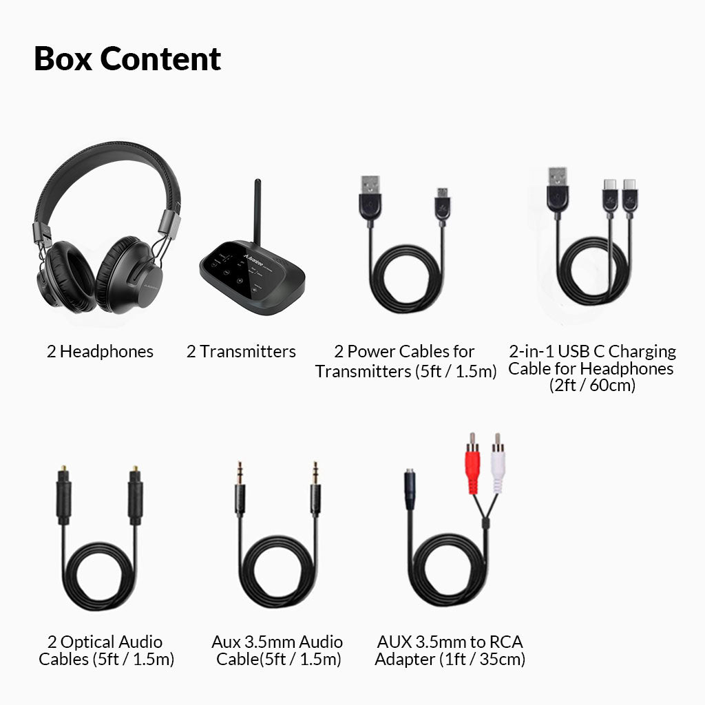 Shift Wireless Multi-Channel TV Headphone Set, switch between multiple TVs with cross-compatible headphones and transmitters.