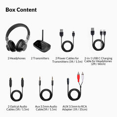 Shift Wireless Multi-Channel TV Headphone Set, switch between multiple TVs with cross-compatible headphones and transmitters.