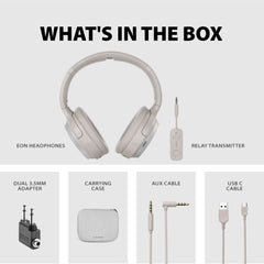 Sky Eon Airplane Headphones with Bluetooth Adapter, includes headphones, relay transmitter, dual AUX adapter, USB-C charging cable, AUX cable, and case.
