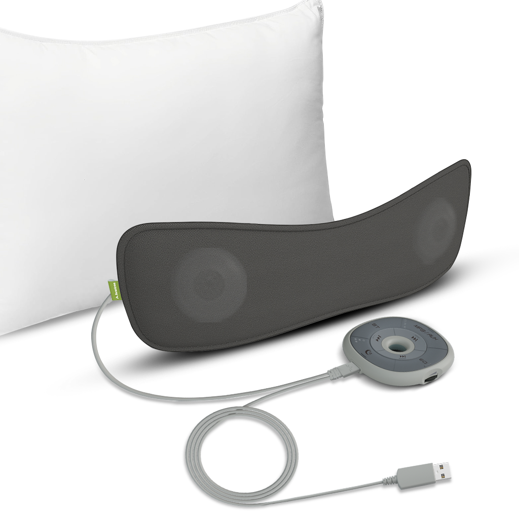 Slumber Bluetooth Pillow Sleep Headphones with MP3 Player, outlet powered, built-in white noise and micro SD support for custom audio files.