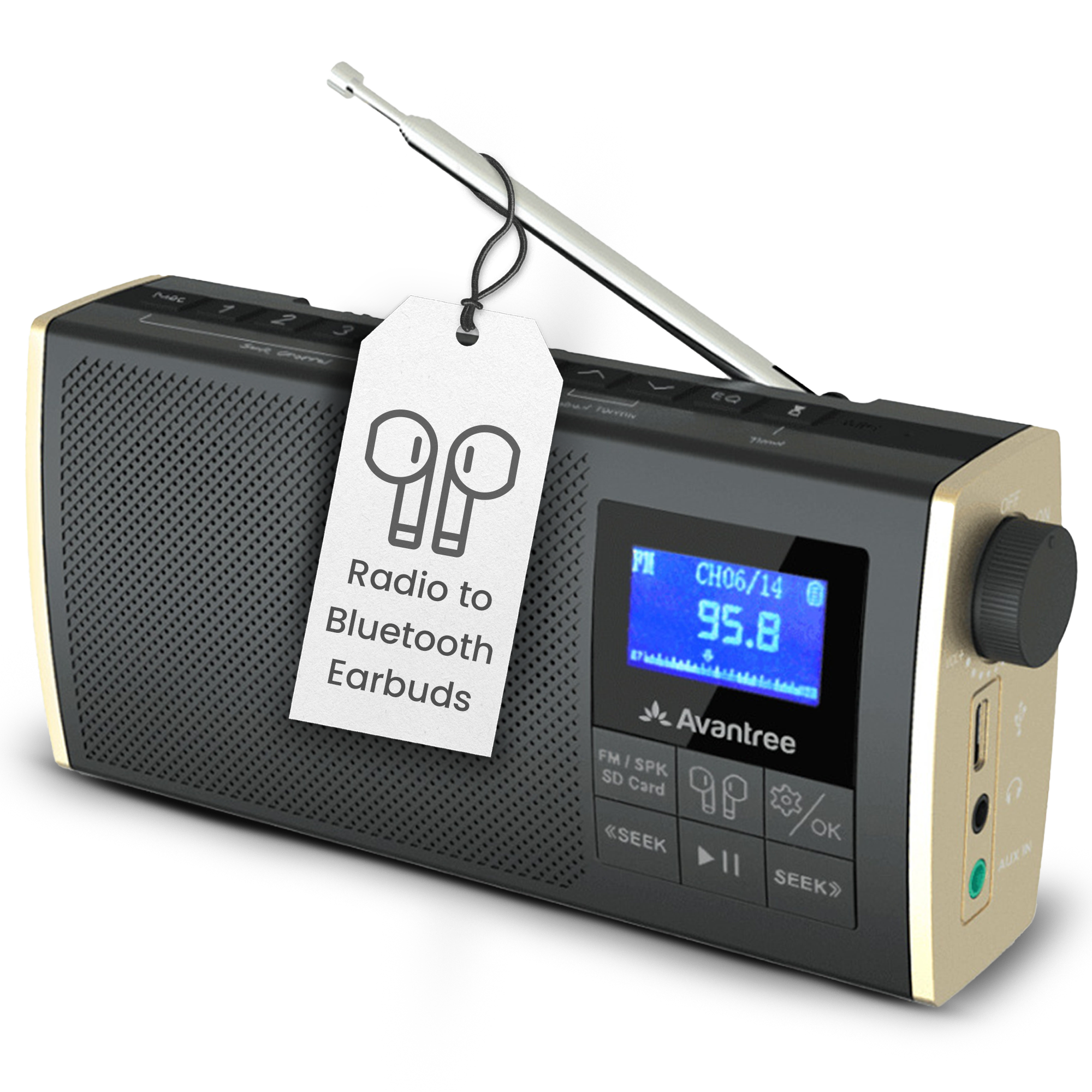 Soundbyte T Portable FM Radio with Bluetooth. Streaming Radio to Bluetooth Earbuds, FM Radio, Bluetooth Transmitter, Bluetooth Speaker, SD Card MP3 Player 4-in-1 Device