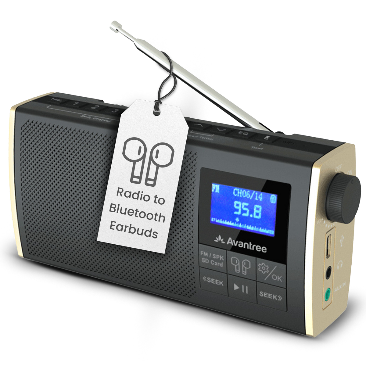 Soundbyte T Portable FM Radio with Bluetooth. Streaming Radio to Bluetooth Earbuds, FM Radio, Bluetooth Transmitter, Bluetooth Speaker, SD Card MP3 Player 4-in-1 Device