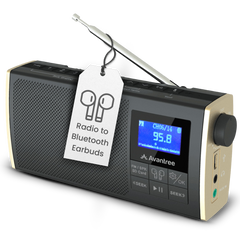 Soundbyte T Portable FM Radio with Bluetooth. Streaming Radio to Bluetooth Earbuds, FM Radio, Bluetooth Transmitter, Bluetooth Speaker, SD Card MP3 Player 4-in-1 Device