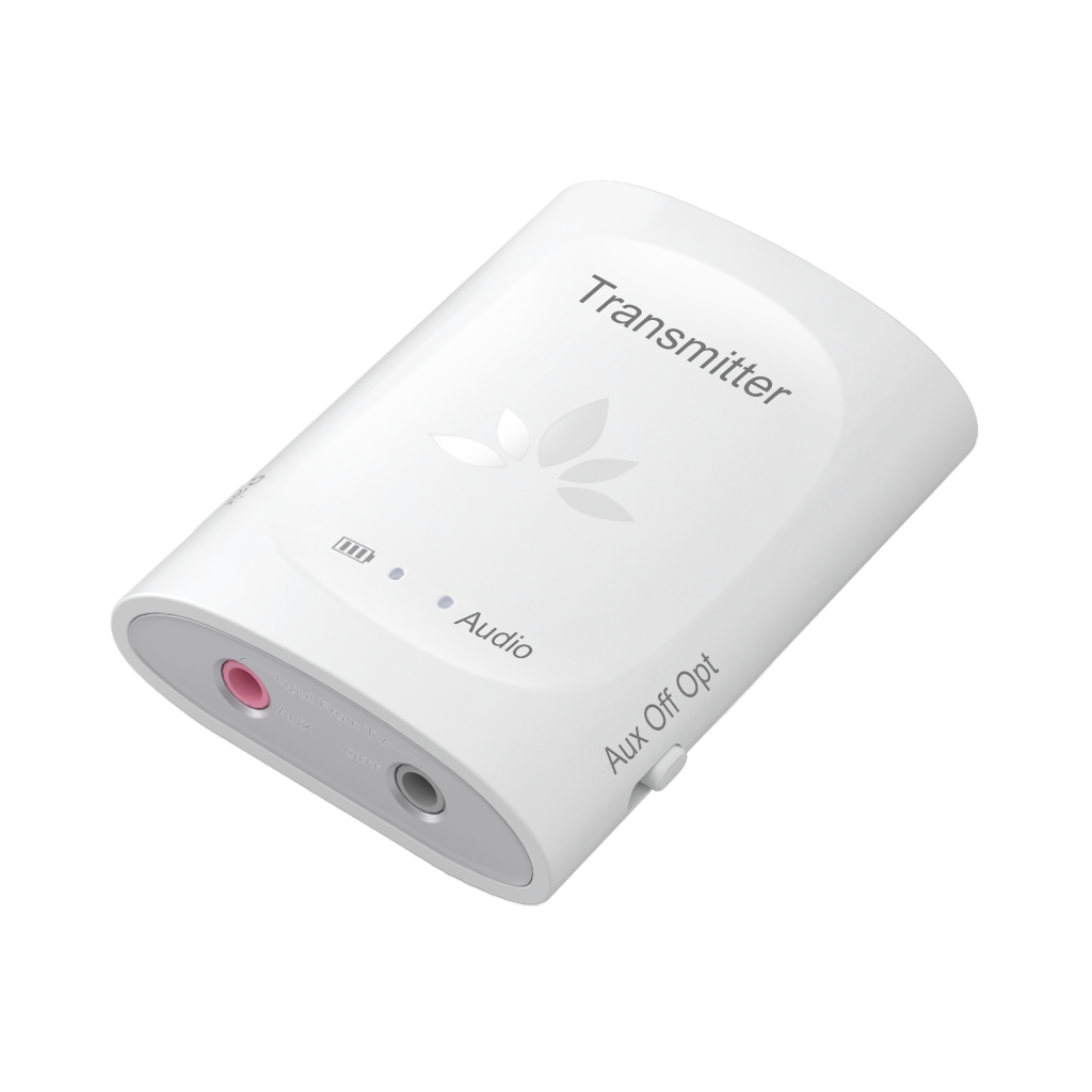 Audiplex 2403S Wireless Transmitter Receiver System, features 3.5mm AUX and optical input, LED indicator, power switch, and independent volume control.