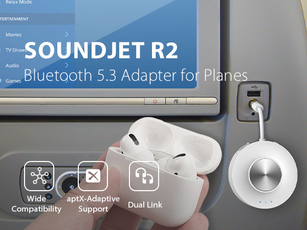 SoundJet R2 Bluetooth 5.3 Adapter for airplanes with aptX Adaptive, and dual-link 