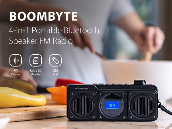 Boombyte Portable Digital FM Radio with Bluetooth Speaker, 4-in-1 functionality with FM radio, Bluetooth, USB, and SD card playback.