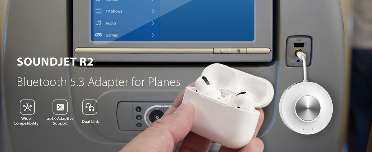 SoundJet R2 Bluetooth 5.3 Adapter for airplanes with aptX Adaptive, and dual-link 