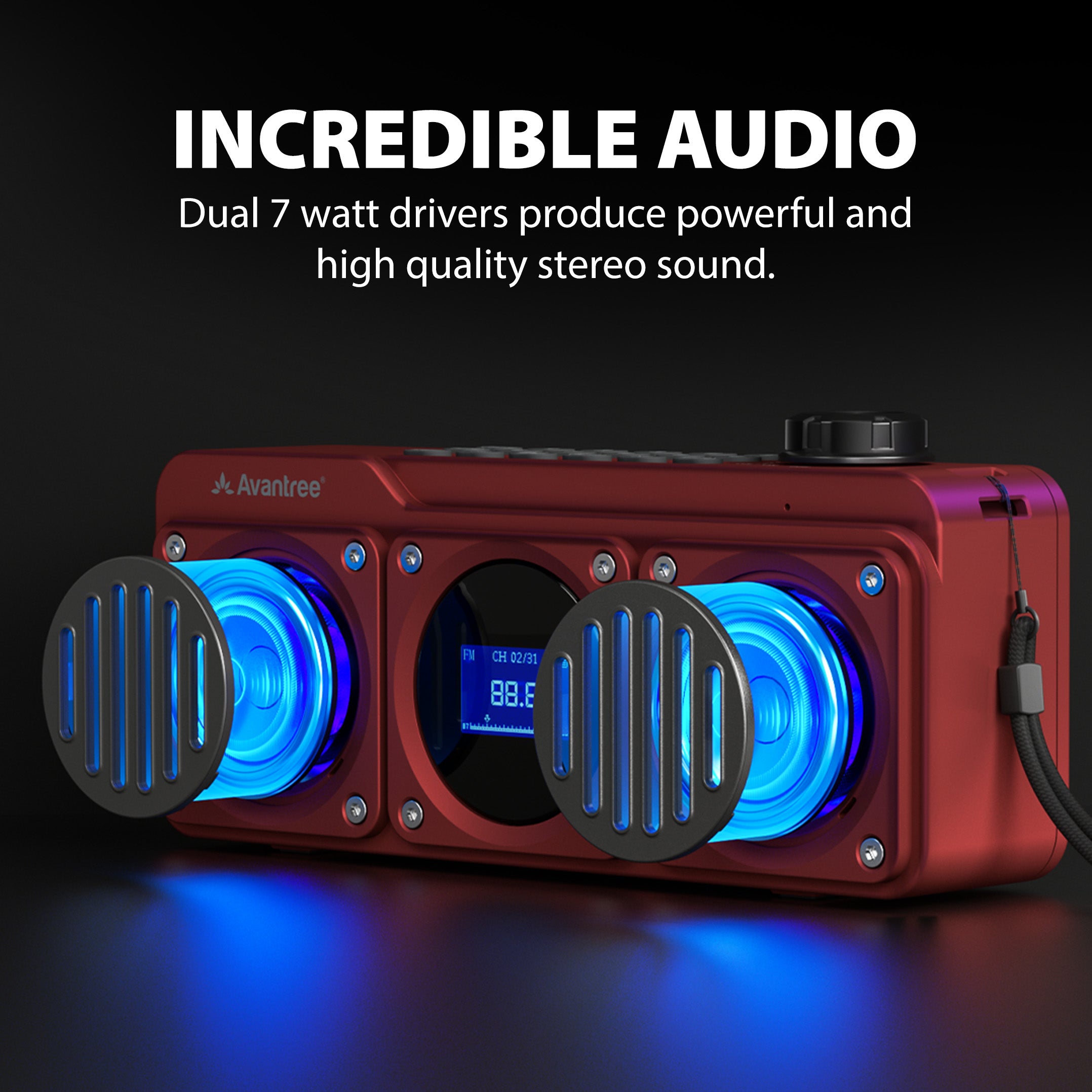 Boombyte Portable Digital FM Radio with Bluetooth Speaker. Features dual 7W drivers delivering high-quality stereo sound.