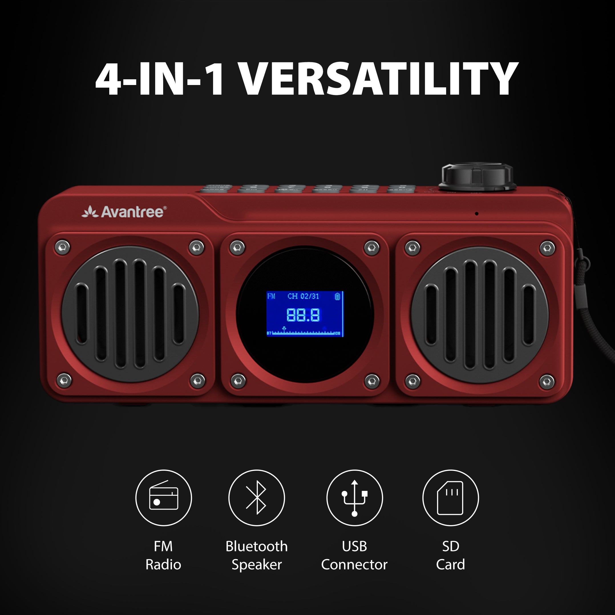 Boombyte Portable Digital FM Radio with Bluetooth Speaker, 4-in-1 functionality with FM radio, Bluetooth, USB, and SD card playback.