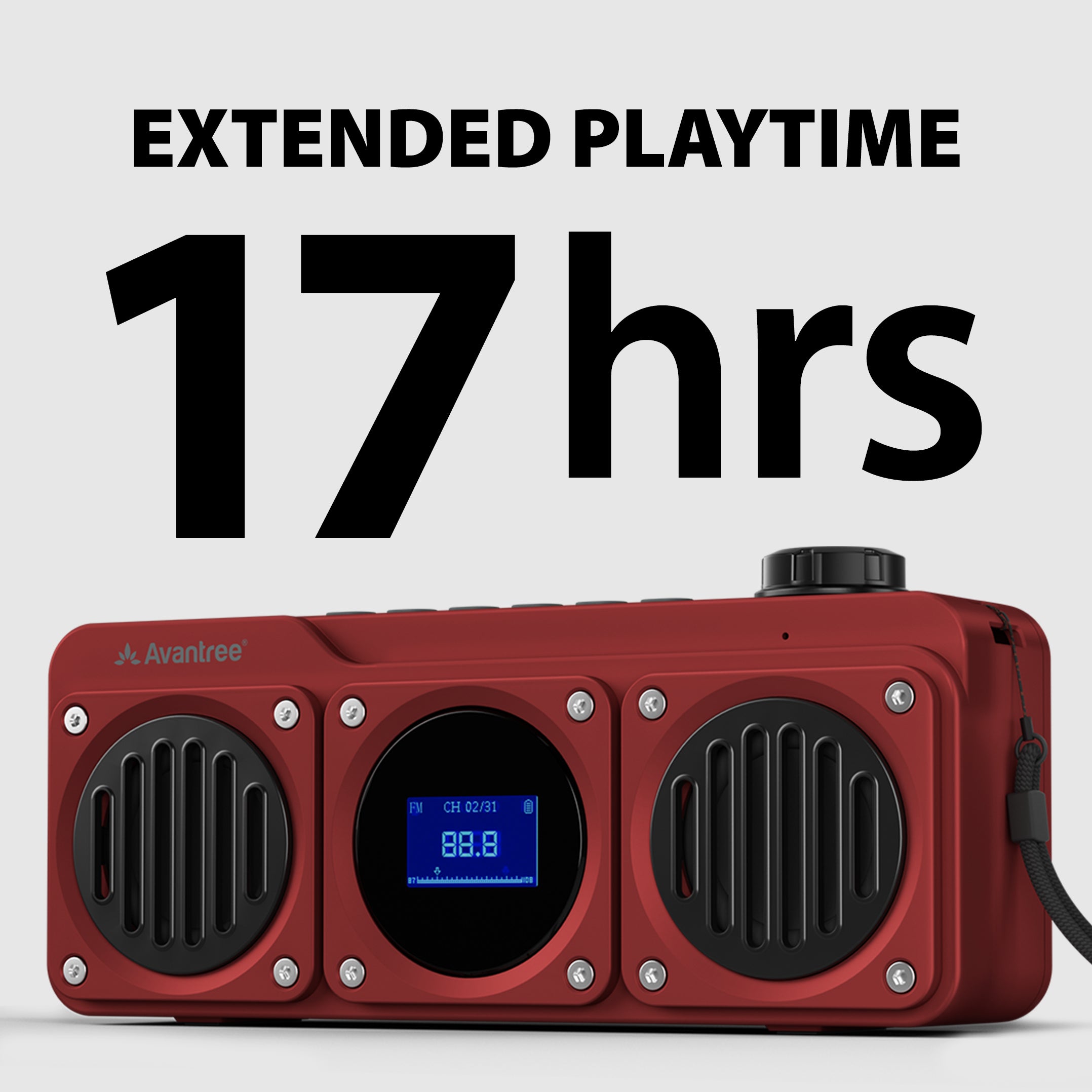 Boombyte Portable Digital FM Radio with Bluetooth Speaker, up to 17 hours extended playtime.