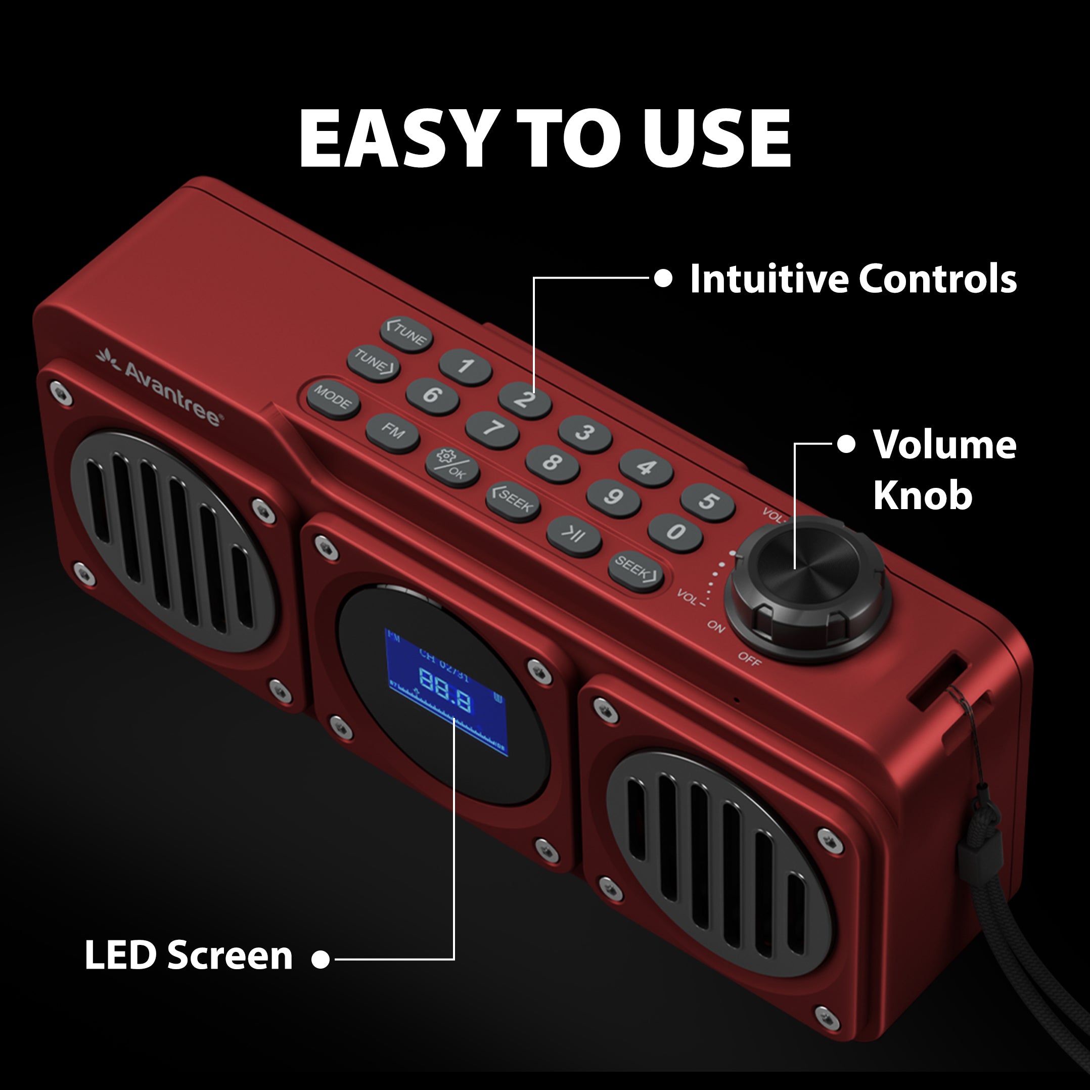 Boombyte Portable Digital FM Radio with Bluetooth Speaker, intuitive controls, large knob, LCD screen, and labeled buttons for easy FM tuning and playback.