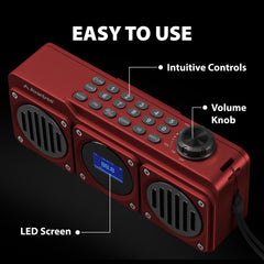 Boombyte Portable Digital FM Radio with Bluetooth Speaker, intuitive controls, large knob, LCD screen, and labeled buttons for easy FM tuning and playback.