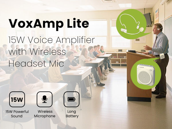 VoxAmp Lite 15W Voice Amplifier with Wireless Headset Mic and Long Battery 