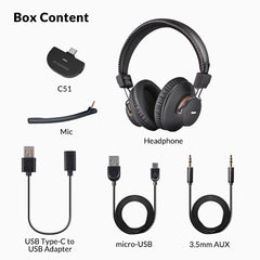 C519M Type-C Bluetooth Gaming Set for Nintendo Switch, PC, and PS4, includes C51 dongle, headphone,  charging cable, and 3.5mm AUX cable.