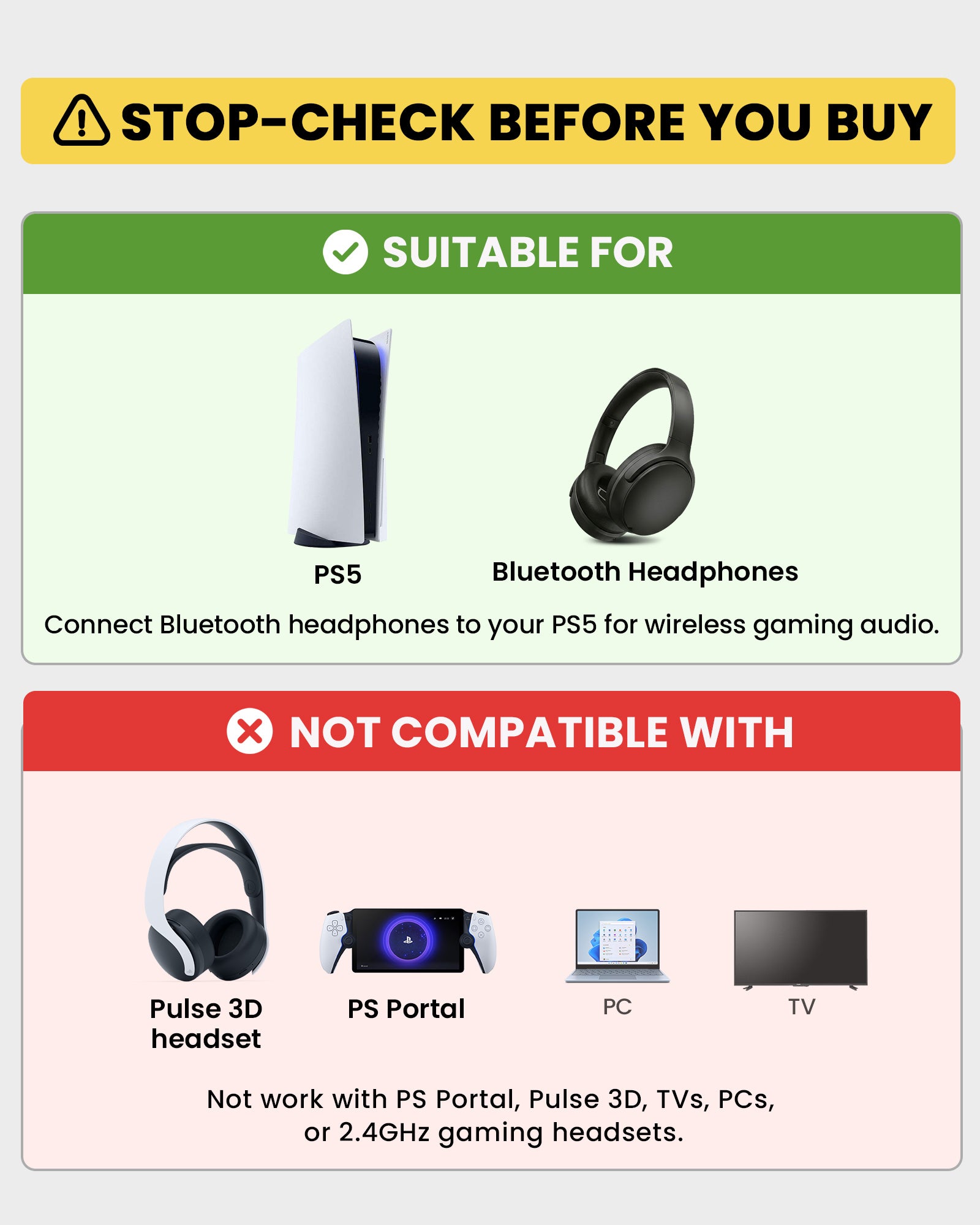 C81-Gaming PS5 Bluetooth Audio Adapter, not compatible with Xbox, PS Portal, 2.4GHz gaming headsets, TVs, projectors, printers, or car audio systems.