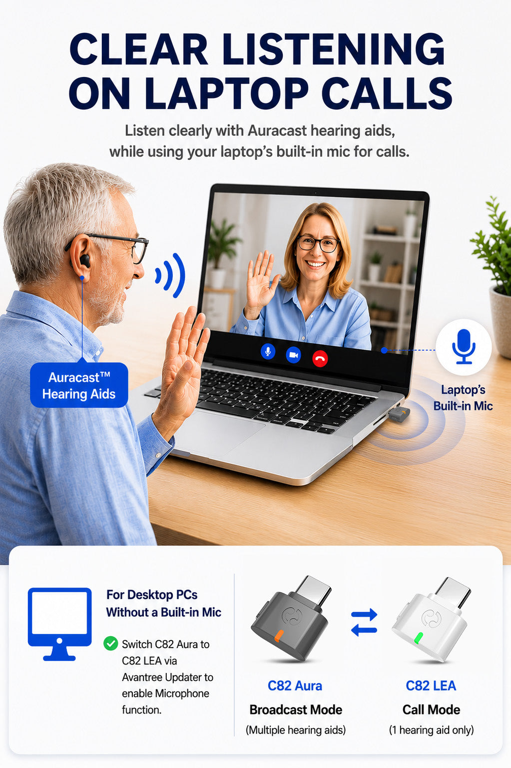 C82 Aura broadcasts USB audio to multiple compatible Auracast hearing aids; calls use the computer microphone for voice input.