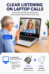C82 Aura broadcasts USB audio to multiple compatible Auracast hearing aids; calls use the computer microphone for voice input.