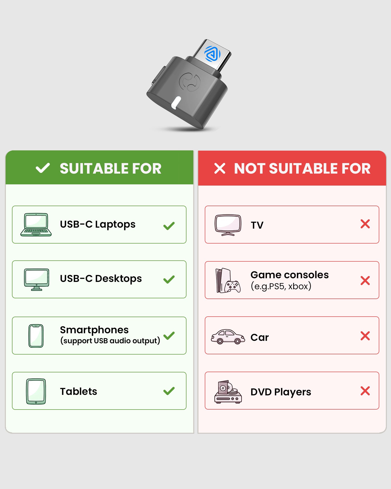 C82 Aura USB-C Transmitter for Auracast Hearing Aids & Group Listening, works with USB-C laptops and tablets; not compatible with TVs, cars, or game consoles.