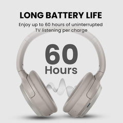 Crescendo Me TV Headphones with Personalized Hearing Profile and HDMI Passthrough, up to 60 hours continuous playback per charge.
