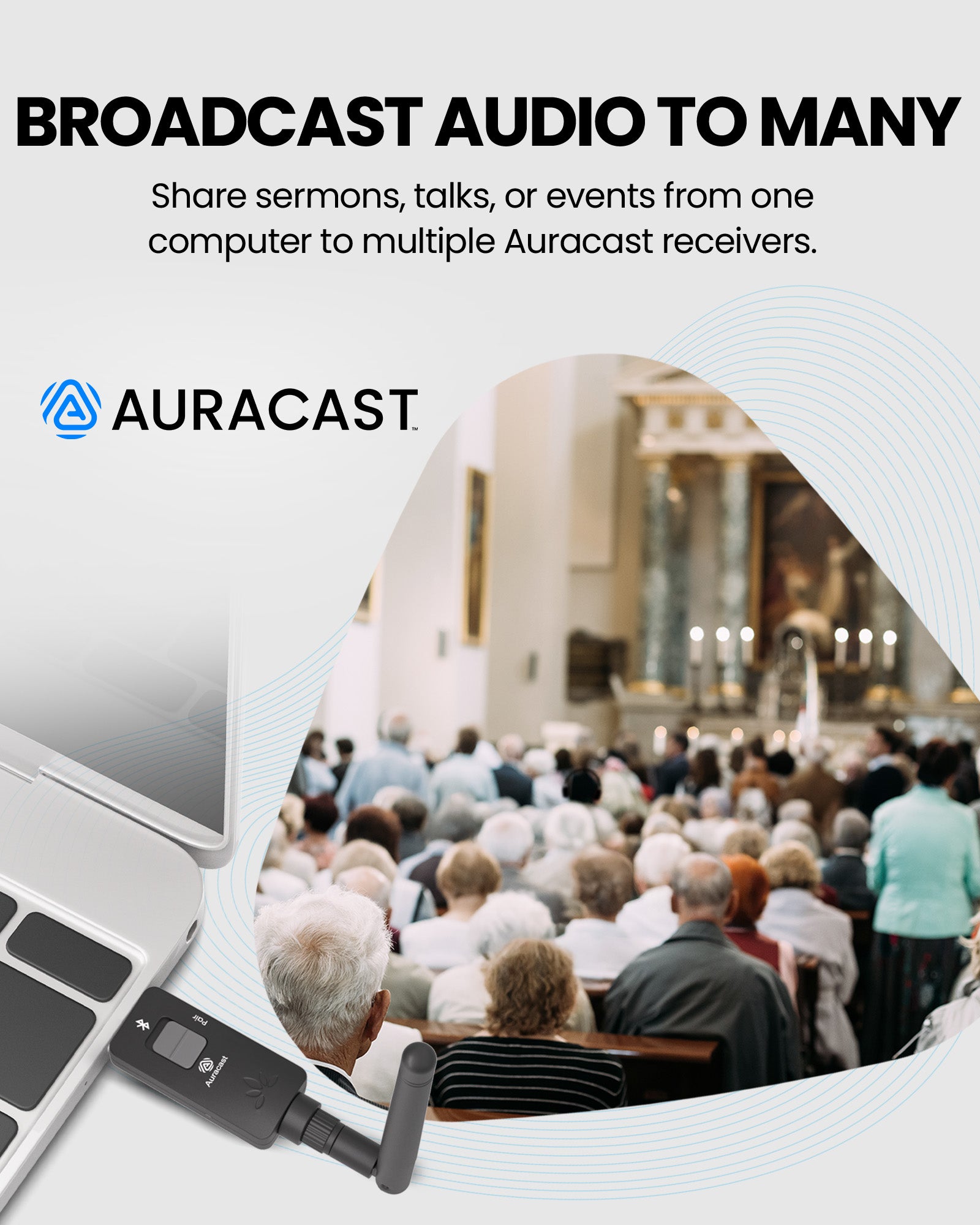 DG60 Aura USB Auracast & Bluetooth for Headphones & Hearing Aids, broadcasts audio to multiple Auracast devices simultaneously in church and public venues