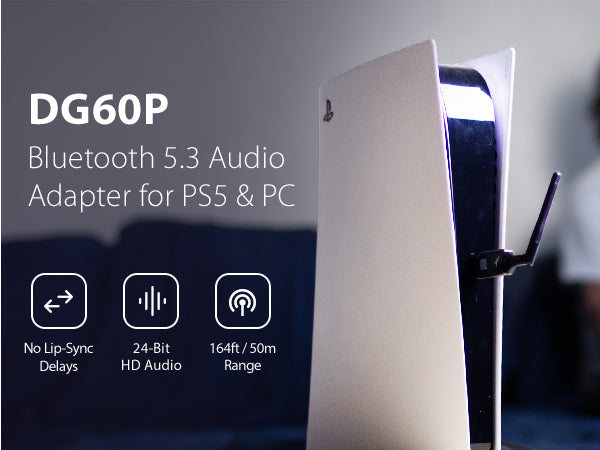 DG60P Bluetooth 5.3 Audio Adapter for PS5 and PC with no audio delay, 24-bit HD audio, and 164ft range.