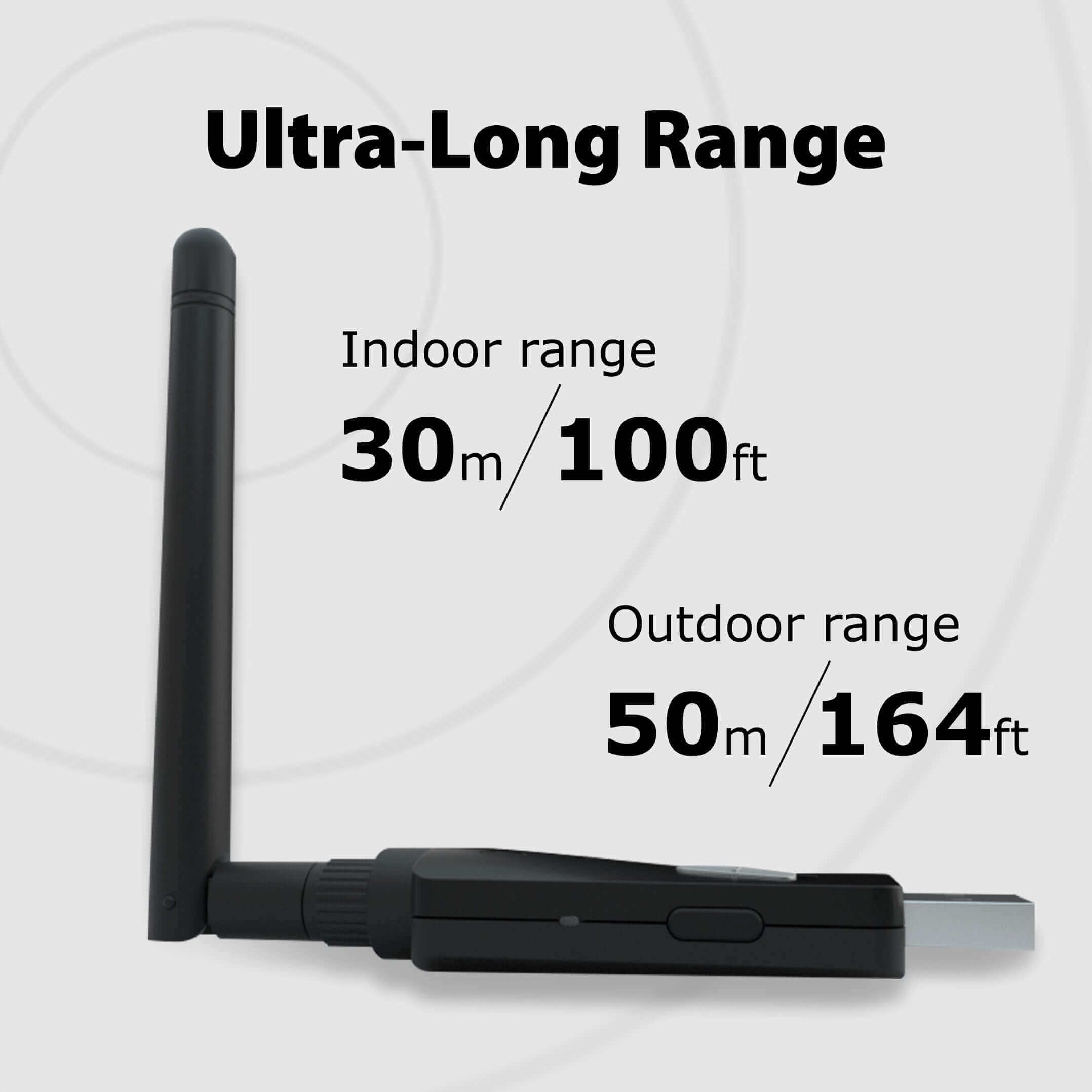DG60P Long Range Bluetooth USB Audio Transmitter,  up to 164 ft (50 m) outdoors and 100 ft (30 m) indoors for stable wireless audio.