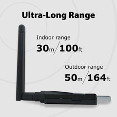 DG60P Long Range Bluetooth USB Audio Transmitter,  up to 164 ft (50 m) outdoors and 100 ft (30 m) indoors for stable wireless audio.