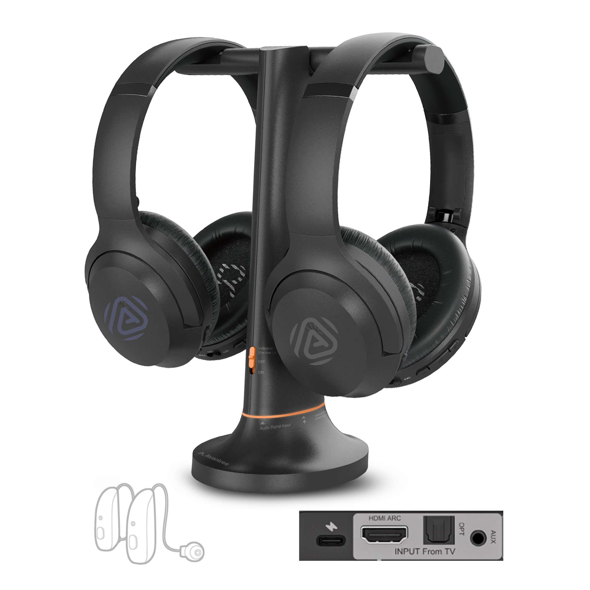 Duet Aura Auracast Dual Wireless TV Headphones with HDMI ARC, Optical, and AUX support for personal, shared, and hearing aid listening.