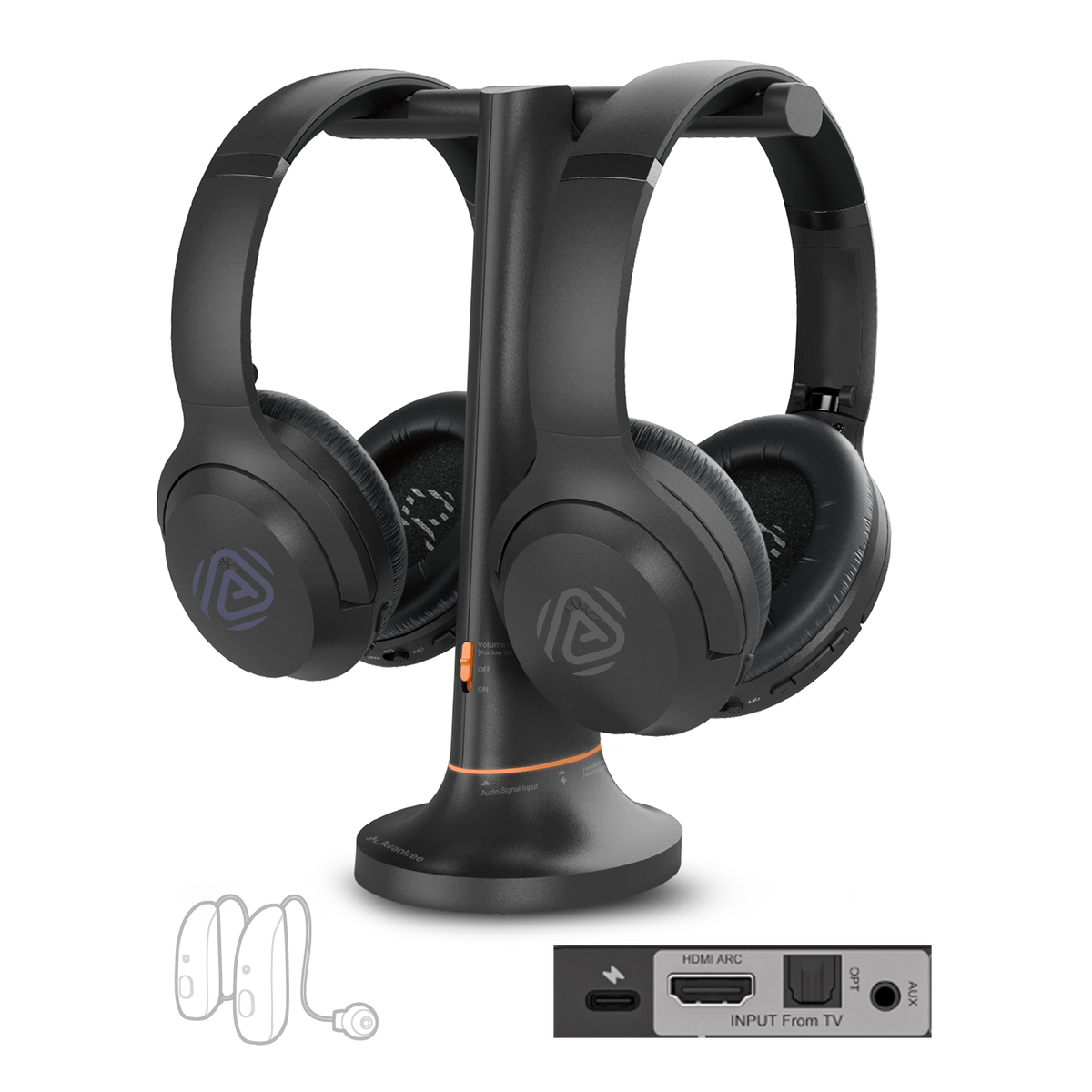 Duet Aura Auracast Dual Wireless TV Headphones with HDMI ARC, Optical, and AUX support for personal, shared, and hearing aid listening.