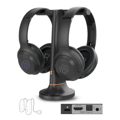 Duet Aura Auracast Dual Wireless TV Headphones with HDMI ARC, Optical, and AUX support for personal, shared, and hearing aid listening.
