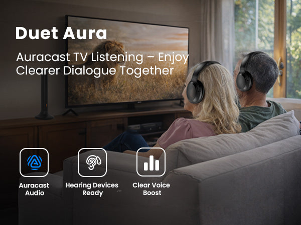 Duet Aura Auracast Dual Wireless TV Headphones for Auracast audio, compatible with Auracast hearing aids,  and Clear Voice Boost