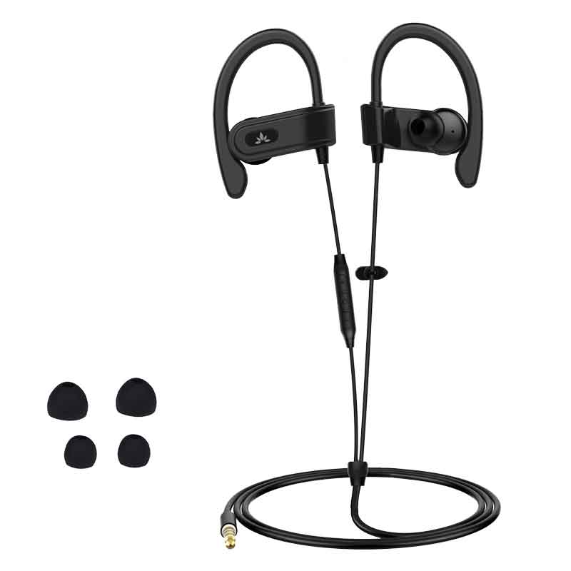 E171 Over-the-Ear Wired Earbuds, ergonomic fit with three ear tip sizes and secure ear hooks for workouts.