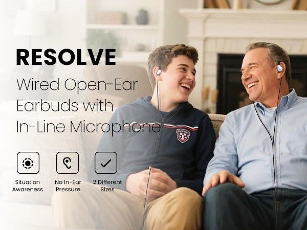 Resolve Wired Open-Ear Earbuds with In-Line Microphone, no in-ear pressure, two sizes, and situational awareness.