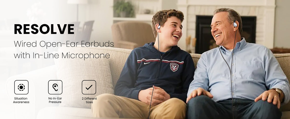 Resolve Wired Open-Ear Earbuds with In-Line Microphone, no in-ear pressure, two sizes, and situational awareness.