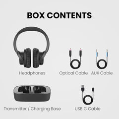 Ensemble Wireless TV Headphones with transmitter and charging base, includes one headphone, charging transmitter, and accessories for setup.