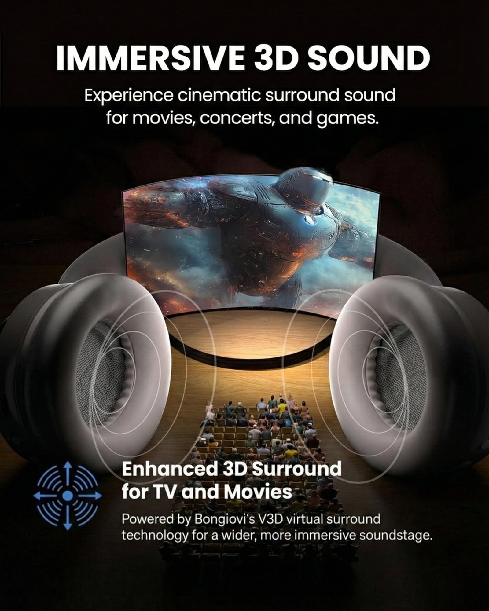 Eon 3D Bluetooth TV Headphones with 3D Surround Sound and Charging Dock. Featuring cinematic surround sound tuned for games, concert, movies and shows.