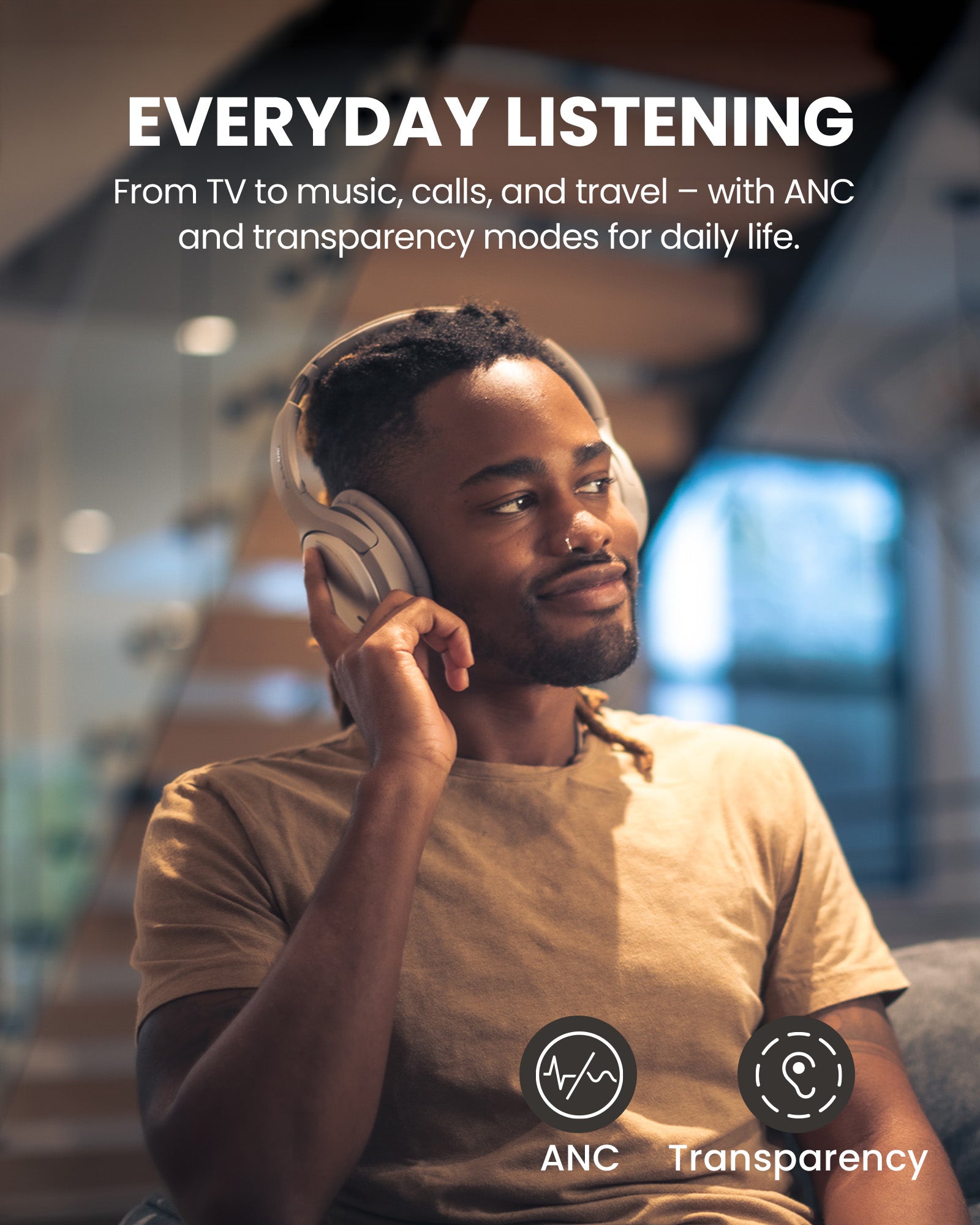 Eon 3D Bluetooth TV Headphones with 3D Surround Sound and Charging Dock, everyday use for TV, music, and calls with ANC and transparency mode.