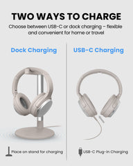 Eon 3D Bluetooth TV Headphones with 3D Surround Sound and Charging Dock, featuring USB-C direct charging or charging dock.