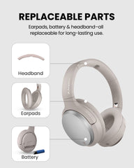 Eon 3D Bluetooth TV Headphones with 3D Surround Sound and Charging Dock, with replaceable headband, earpads, and battery for long-lasting use.