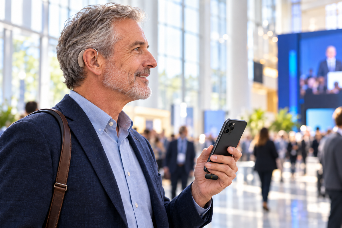 Man using Aura C with Bluetooth hearing aids at a public venue