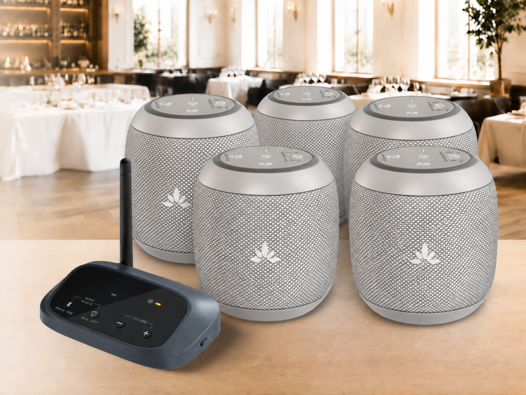 Harmony A0 wireless speaker system with Oasis Aura transmitter and five gray speakers, mobile banner.