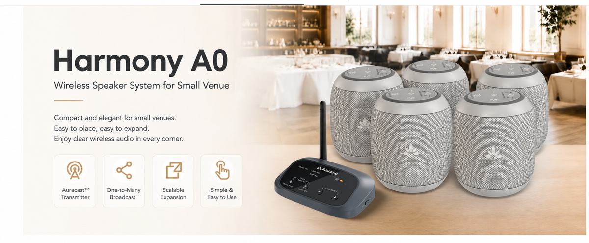Harmony A0 wireless speaker system with Oasis Aura transmitter and five gray speakers in a small venue.