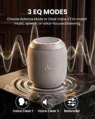 Harmony A0 Auracast Bluetooth Wireless Multi-Speaker System for cafés, salons, and venues, features 3 EQ modes: voice clear 1, voice clear 2, and balanced.