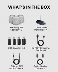 Harmony A0 Auracast Bluetooth Wireless Multi-Speaker System for cafés, salons, and venues, includes transmitter, 3 speakers, USB adapter, and audio cables.