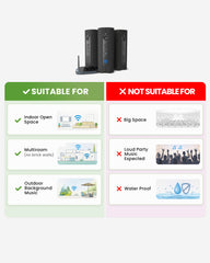 Harmony A1 Multi-Room LE Audio Auracast Speaker System for Home & Events, designed for indoor multi-speaker use and outdoor background music, not large open spaces.