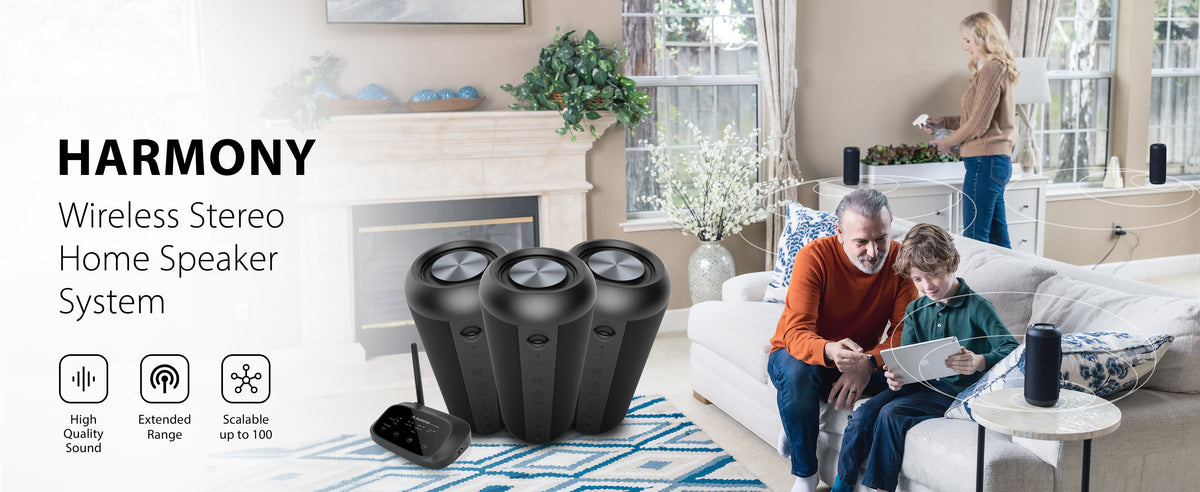 Harmony Wireless Stereo Home System with HD sound,  up 100ft range, support for up to 100 speakers.