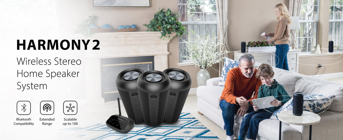 Harmony 2 Wireless Stereo Home Speaker System, Bluetooth compatible with, up 100 ft, expandable  up to 100 speakers.